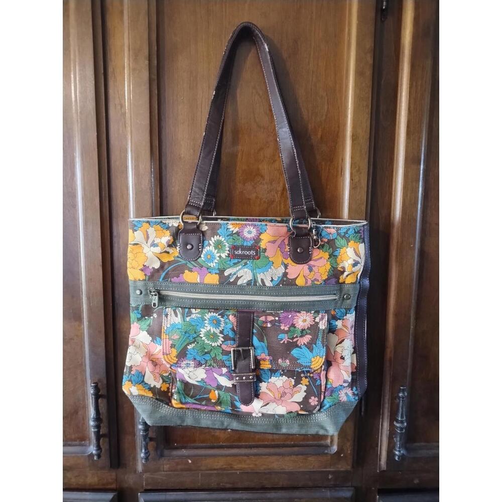 Sakroots multi-coloured floral canvas cloth tote bag with double leather handles
